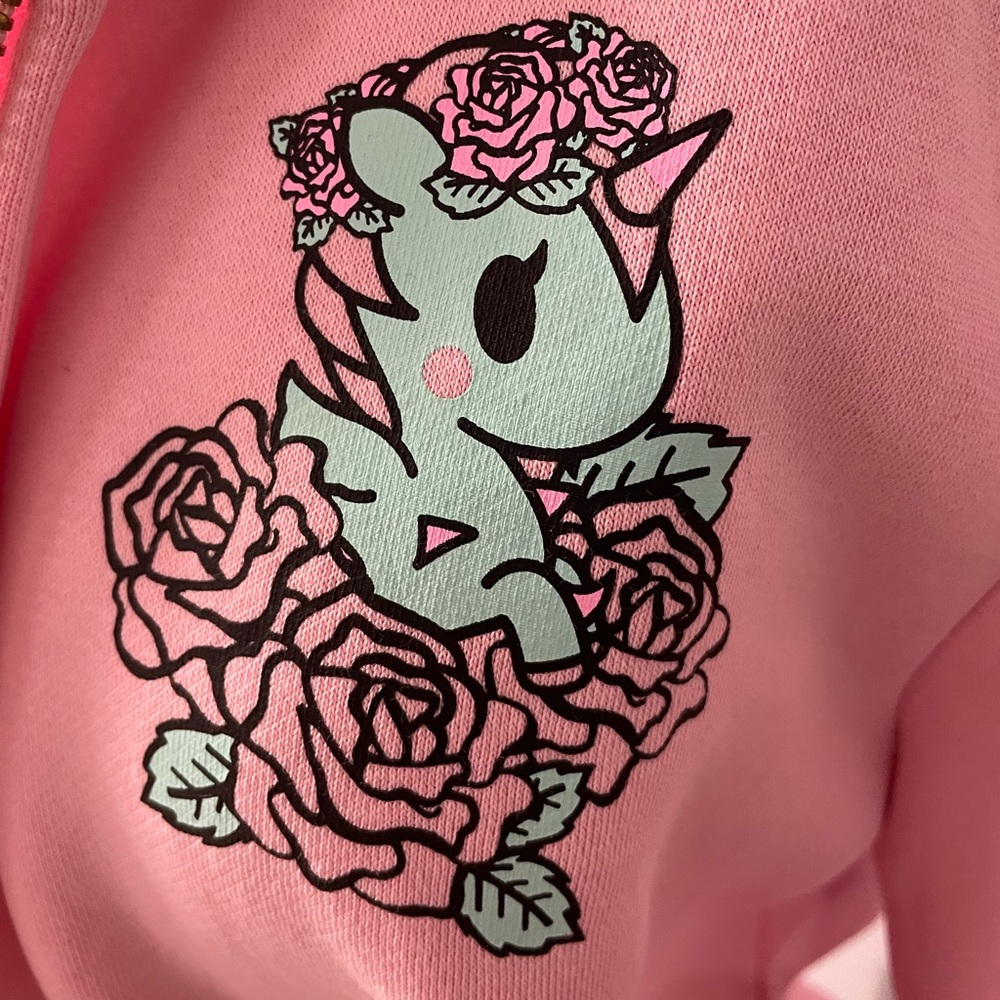 Tokidoki Pink Hoodie Sweatshirt Floral Quartz Small Donutella Unicorno Used - Picture 6 of 16
